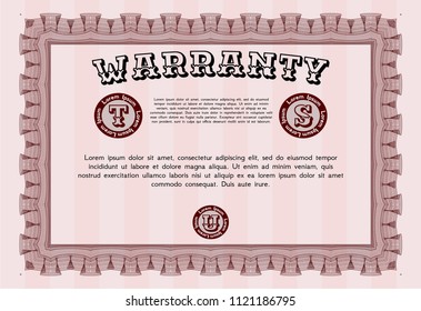 Red Warranty template. With complex linear background. Vector illustration. Retro design. 