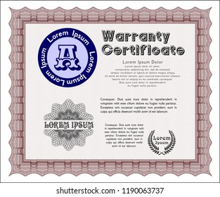 Red Warranty template. With complex linear background. Good design. Detailed. 