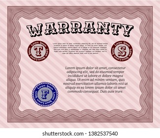 Red Warranty template. With complex linear background. Vector illustration. Money Pattern. 
