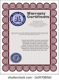 Red Warranty template. With complex linear background. Detailed. Retro design. 