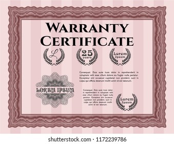 Red Warranty template. With guilloche pattern and background. Cordial design. Detailed. 