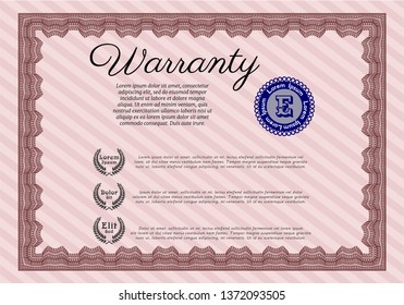 Red Warranty template. With guilloche pattern and background. Perfect design. Detailed. 