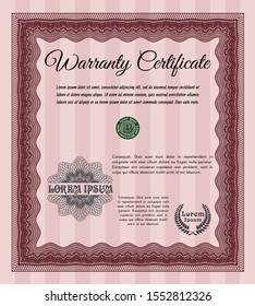 Red Warranty template. Vector illustration. With guilloche pattern and background. Lovely design. 