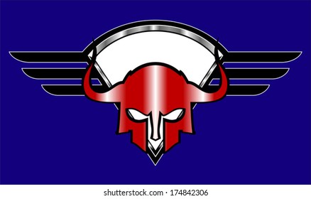 red warrior head  over the winged shield.  red sparta mask over the winged shield