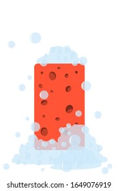 Red washcloth in soapy foam bubbles isolated on white background. Vector illustration.