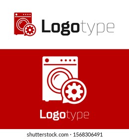 Red Washer and gear icon isolated on white background. Adjusting app, service concept, setting options, maintenance, repair, fixing. Logo design template element. Vector Illustration