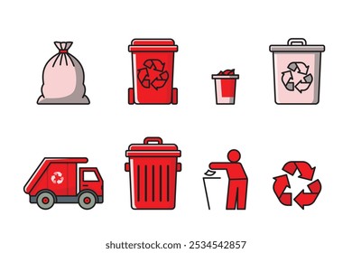 Ícones vermelhos de gerenciamento de resíduos, incluindo sacos de lixo, contêineres de reciclagem, latas de lixo, um caminhão de lixo e um símbolo de reciclagem em vermelho e cinza.