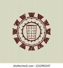 Red wastepaper basket icon inside distress rubber grunge texture seal
