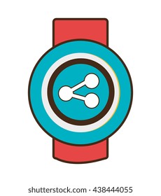 red watch with blue frame and a blue circle with share icon in the screen over isolated background, vector illustration 