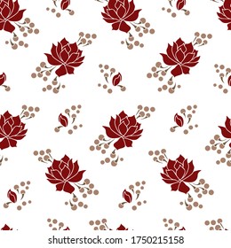 Red water lilies plants on white background. Seamless pattern. Vector illustration.