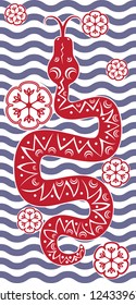 Red water snake floating on the lake, traditional Chinese Paper Cuttings, from horoscope