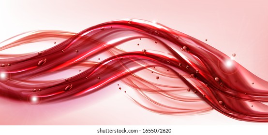 Red Water Splash Wave With Air Bubbles And Sparkles. Dynamic Motion Of Liquid With, Pure Hydration Element For Cosmetics Or Drink Ad Isolated On Pink Background. Realistic 3d Vector Illustration