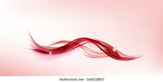 Red water splash wave with air bubbles and sparkles. Dynamic motion of liquid with, pure hydration element for cosmetics or drink ad isolated on pink background. Realistic 3d vector illustration