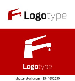 Red Water tap with a falling water drop icon isolated on white background. Logo design template element. Vector Illustration