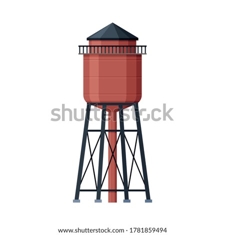 Red Water Tower, Liquid Storage Tank, Countryside Life Object Flat Vector Illustration on White Background