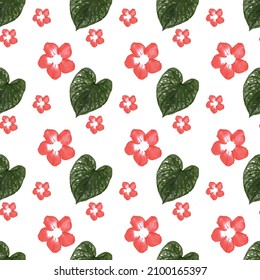 Red Watercolor Begonia Flower And Leaf Seamless Pattern Design