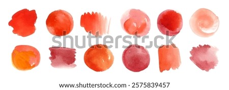 Red watercolor circles, splashes and stains. Vector set of abstract hand painted Valentine day red watercolour washes, spots, frames. Grungy love passion, fire, spice, fruit, veggie artistic sketch bg