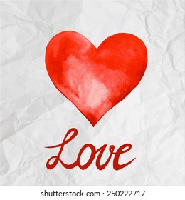 Red watercolor heart on creased paper. A postcard template for St Valentine's Day. Vector image.