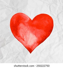 Red watercolor heart on creased paper. A postcard template for St Valentine's Day. Vector image.