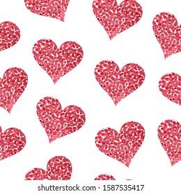Red watercolor hearts on a white background seamless pattern. Cute print for Valentine's Day, wedding. Handwork on paper. Ornament in the style of polka dot. Vector illustration.