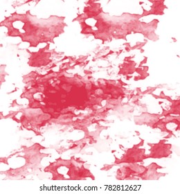 red watercolor ink stain pattern with big blotch and splatters around on white background, vector illustration