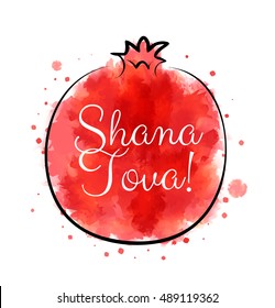 Red watercolor pomegranate with greetings for jewish holiday Rosh Hashanah