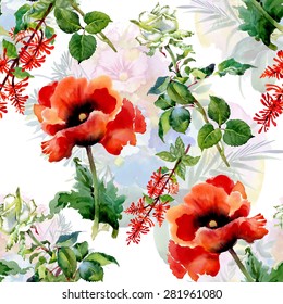 Red watercolor poppies flowers seamless pattern on white background with roses vector illustration