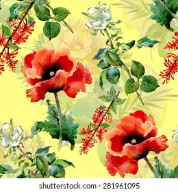 Red watercolor poppies flowers seamless pattern on yellow background with roses vector illustration