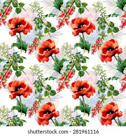 Red watercolor poppies flowers seamless pattern on white background with roses vector illustration