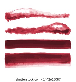 Red watercolor shapes, splotches, stains, paint brush strokes. Abstract watercolor texture backgrounds set. Isolated on white background. Vector illustration.