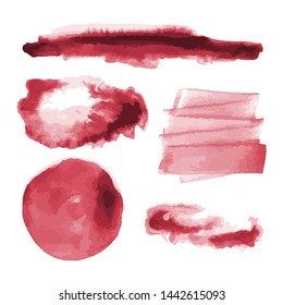 Red watercolor shapes, splotches, stains, paint brush strokes. Abstract watercolor texture backgrounds set. Isolated on white background. Vector illustration.