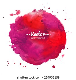 Red watercolor stain with splashes. Vector, isolated.