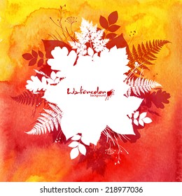 Red watercolor vector background with white leaves silhouettes banner