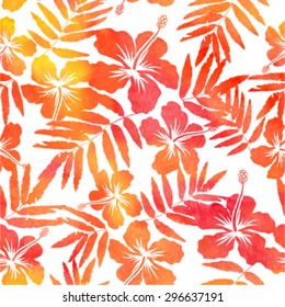 Red watercolor vector hibiscus seamless pattern