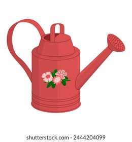 Red watering can for caring for house plants with a floral pattern. Farming and gardening, growing flowers. Vector illustration isolated on transparent background.