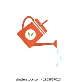 Red watering can isolated on white background. Drops of water falling. Gardening tool or implement. Irrigation or horticulture symbol. Vector illustration in flat cartoon style.