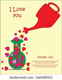 A red watering can pours hearts into a vessel. Postcard illustration.