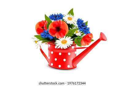 Red Watering can with white dots and bouquet of wild flowers - Red poppies, cornflowers and daisies