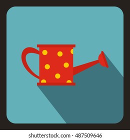 Red watering can with yellow dots icon in flat style on a baby blue background vector illustration