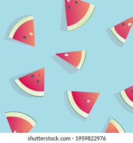 Red watermelon cross-section pieces showcasing juicy flesh with small black seeds, paired with vibrant green rind. Set against a soft blue background, this fresh summer fruit evokes coolness refresh