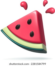 Red Watermelon fruit 3d icon. Realistic plastic three dimensional cartoon summer vector illustration. Watermelon slice with juice splashes on white background