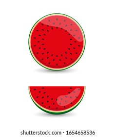 Red watermelon, fruit set, half an watermelon with black seeds and quarter of an watermelon, isolated on white background, design element. Vector illustration