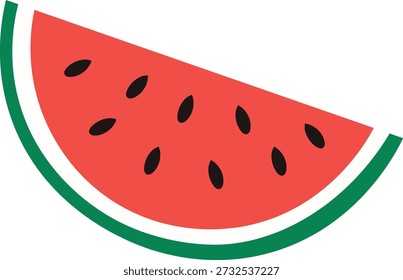 Ilustração de fatia de fruta de melancia vermelha. Semi círculo com carne vermelha, sementes pretas, crosta branca e pele verde para o verão e design do vetor alimentar