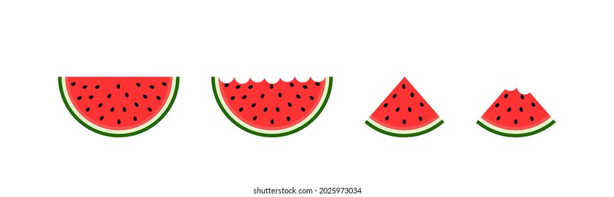 Red watermelon. Half, quarter and slice of watermelon. Cartoon icon of water melon. Cut of piece of fruit. Summer plant isolated on white background. Logo for food, juice and freshness. Vector.
