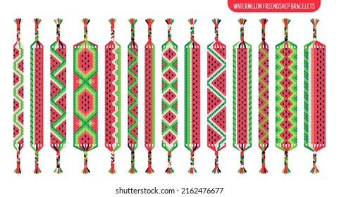 Red watermelon handmade friendship bracelets set of threads or beads. Macrame normal pattern tutorial. Vector cartoon isolated illustration.