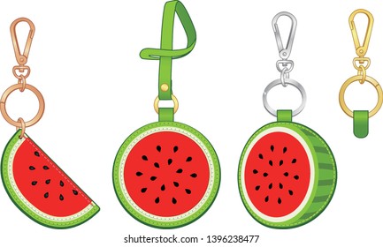 Red watermelon key chain/ bag charm, watermelon tag with strap, vector illustration sketch template