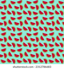 Red watermelon on blue background for summer festival wallpaper. Watermelon red background pattern to use for breaking up summer beach towels. Watermelon seamless pattern for fabric design.