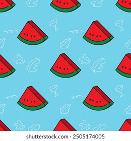 
Red watermelon on blue background is a seamless vector design.