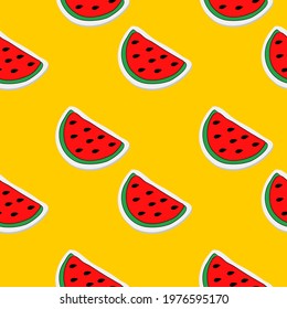 Red watermelon on yellow background. Vector seamless pattern, illustration, decorative design for fabric or paper. Ornament modern