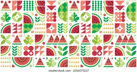 Red watermelon pattern artwork with geometric shape elements. Colorful summer poster design. Scandinavian style abstract vector. Illustration of watermelon slices, seeds, rind, leaves, and flowers.